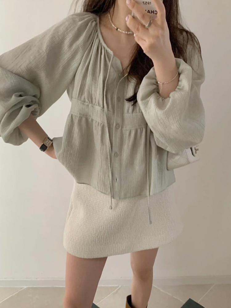 러블리 텐셀 스트링 셔링 블라우스 라운드 레이어드 블라우스 가을 여성 블라우스 - 상세 이미지 2