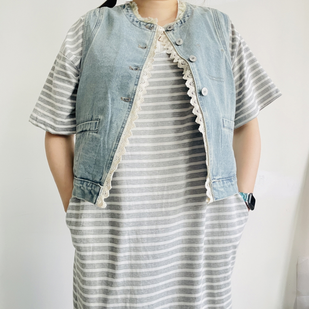청조끼 레이스조끼 여성 라운드넥 세미크롭 데님 베스트 - 상세 이미지 3