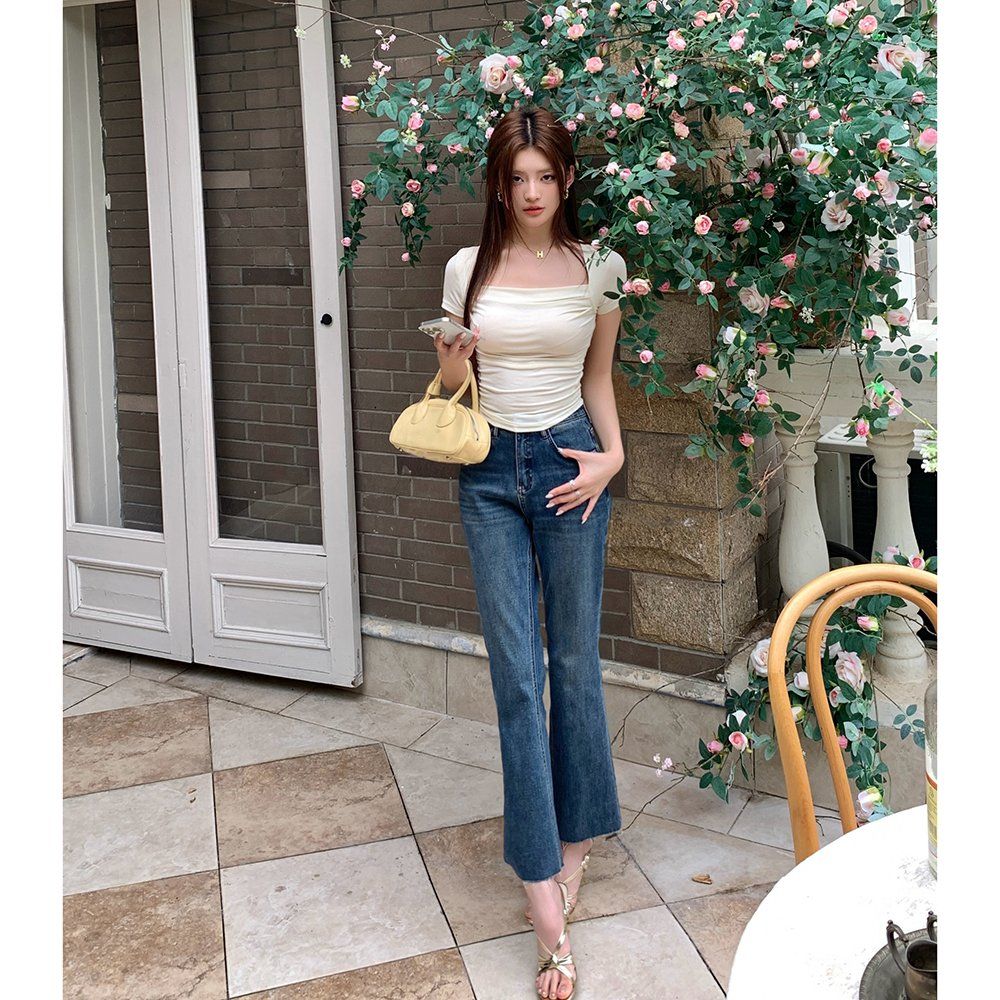 봄 여름 스퀘어넥 셔링 드레이프 반팔 모달 스판 슬림핏 티셔츠 아이보리 - 상세 이미지 4