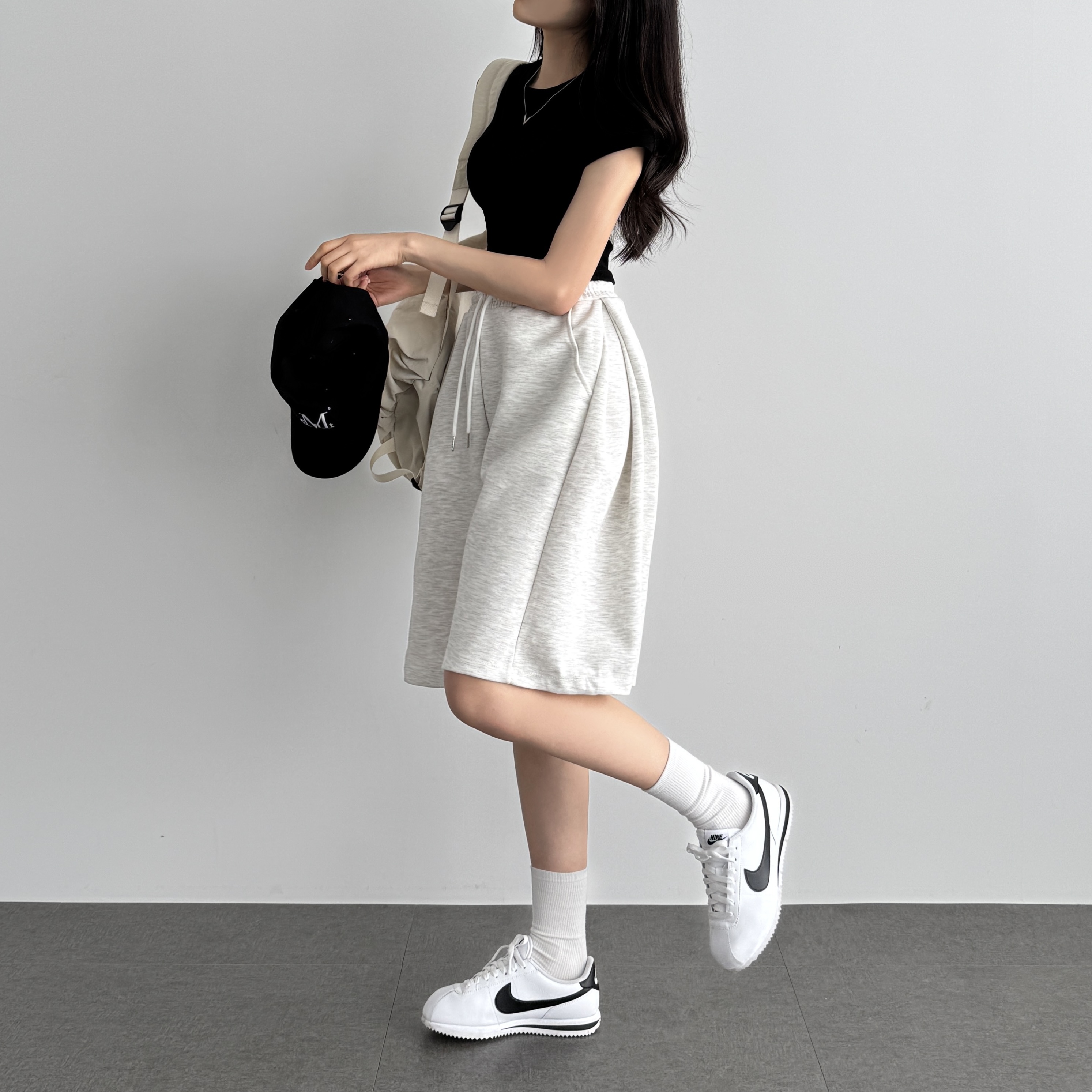 와이드 버뮤다 팬츠 5부 여성 반바지 밴딩 와이드 팬츠 백메란지, FREE(One size)