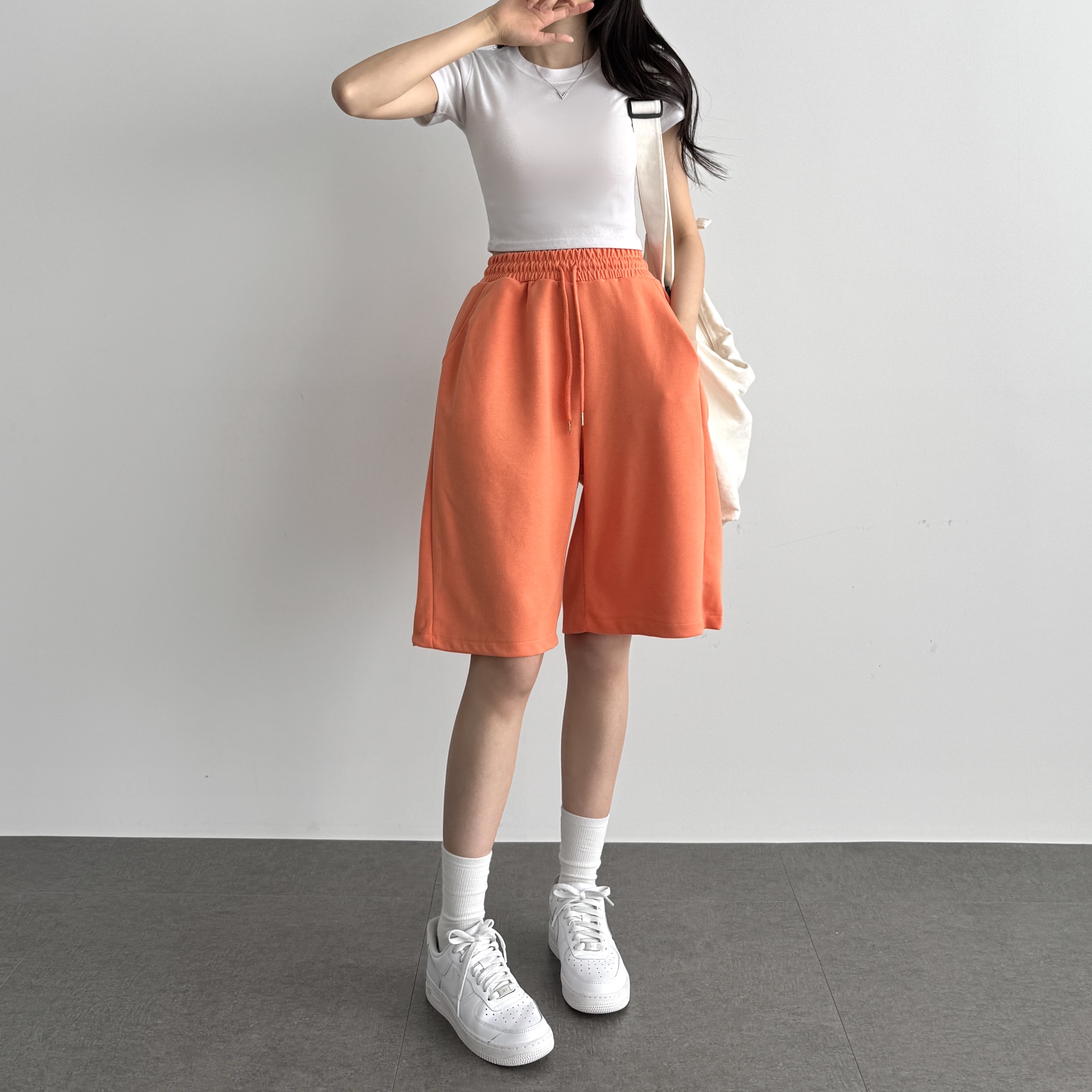 와이드 버뮤다 팬츠 5부 여성 반바지 밴딩 와이드 팬츠 피치, FREE(One size)