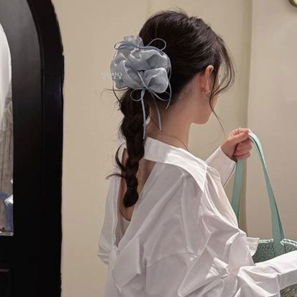러블리 리본 쉬폰 곱창머리끈 진주 헤어끈 헤어슈슈 빅스크런치 - 상세 이미지 3