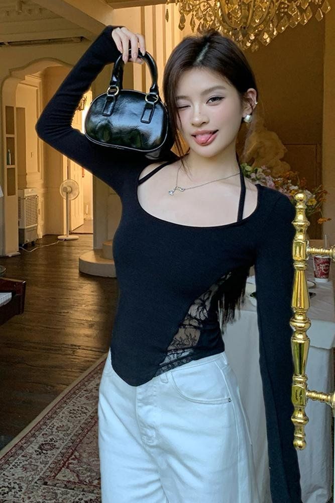 여성 백리스 홀터넥 스트랩 골지 레이스 슬림핏 크롭 긴팔 티셔츠 봄 가을 블랙 - 상세 이미지 5