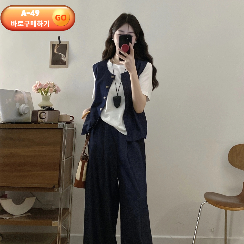 여성 빅사이즈 데님투피스 레이어드 루즈핏 투피스세트 조끼 티셔츠팬츠 원피스 코디세트 - 상세 이미지 3