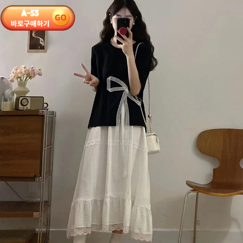 여성 빅사이즈 데님투피스 레이어드 루즈핏 투피스세트 조끼 티셔츠팬츠 원피스 코디세트 이미지 7