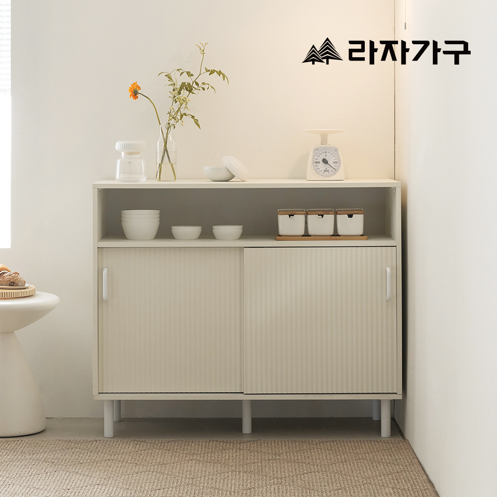 라자가구 미아 템바보드 슬라이딩 거실 베란다 다용도 미닫이 멀티 수납장 1000, 3단, 아이보리 - 상품 이미지