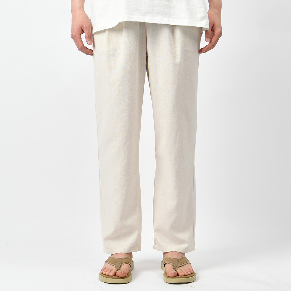 남자 여름 바지 린넨 라이크 세미와이드 투핀턱 밴딩 면 팬츠 - 상세 이미지 4