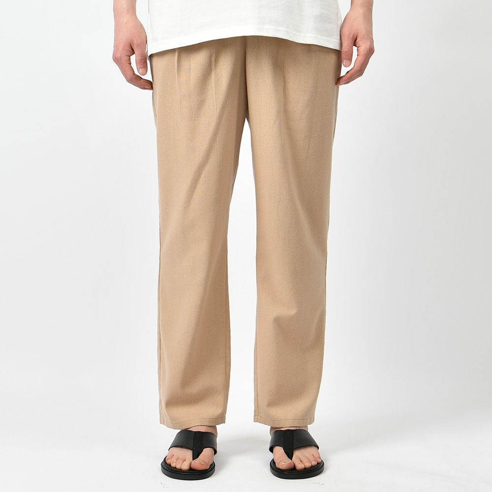 남자 여름 바지 린넨 라이크 세미와이드 투핀턱 밴딩 면 팬츠 - 상세 이미지 3