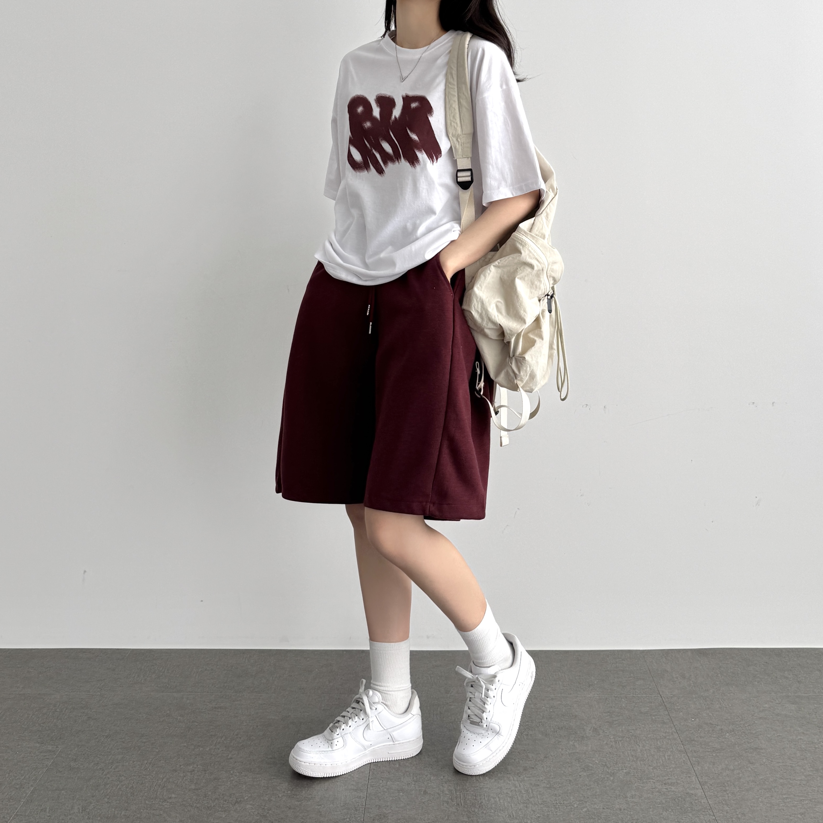 와이드 버뮤다 팬츠 5부 여성 반바지 밴딩 와이드 팬츠 버건디, FREE(One size)