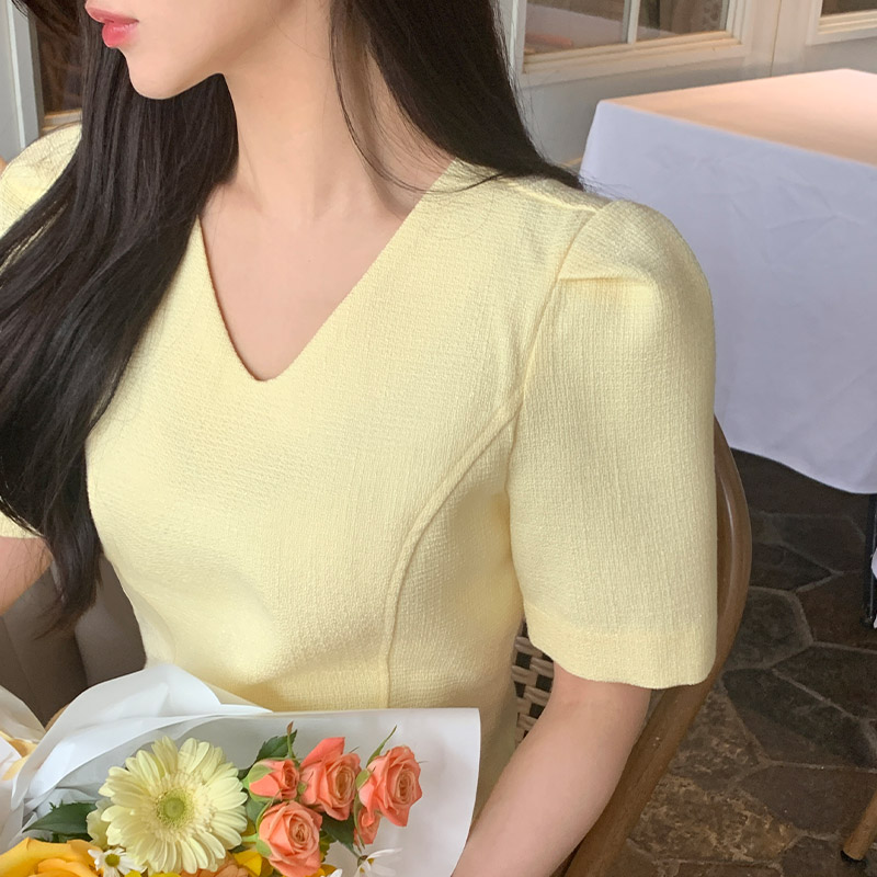 [자체제작] (MADE) 브이넥 퍼프 라인 반팔 트위드 원피스 op15906 이미지 3