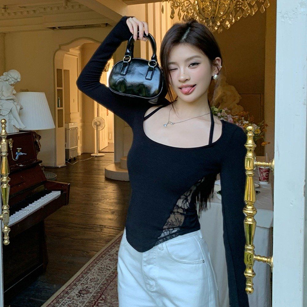 여성 백리스 홀터넥 스트랩 골지 레이스 슬림핏 크롭 긴팔 티셔츠 봄 가을 블랙 - 상품 이미지
