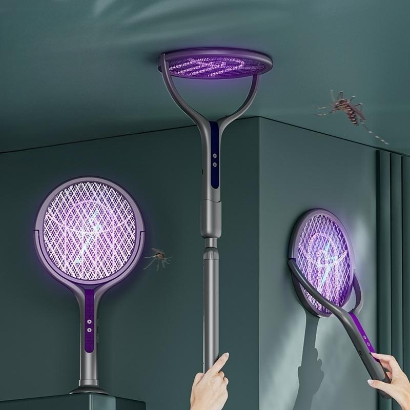 일격필살 360도 회전 충전식 전기 모기채 전자 파리채 LED 캠핑 벌레잡는도구
