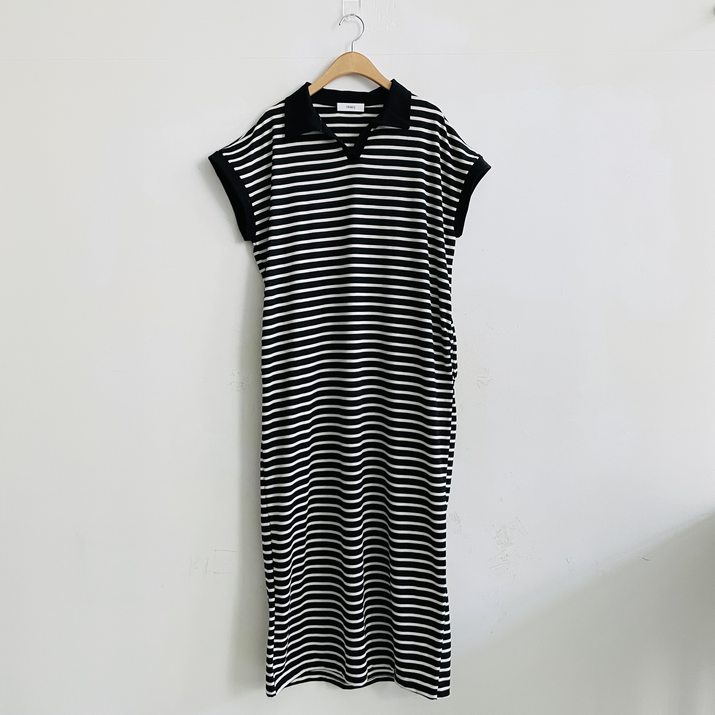 피케원피스 스트라이프 카라 빅사이즈 캡소매 나시 롱원피스 이미지 6