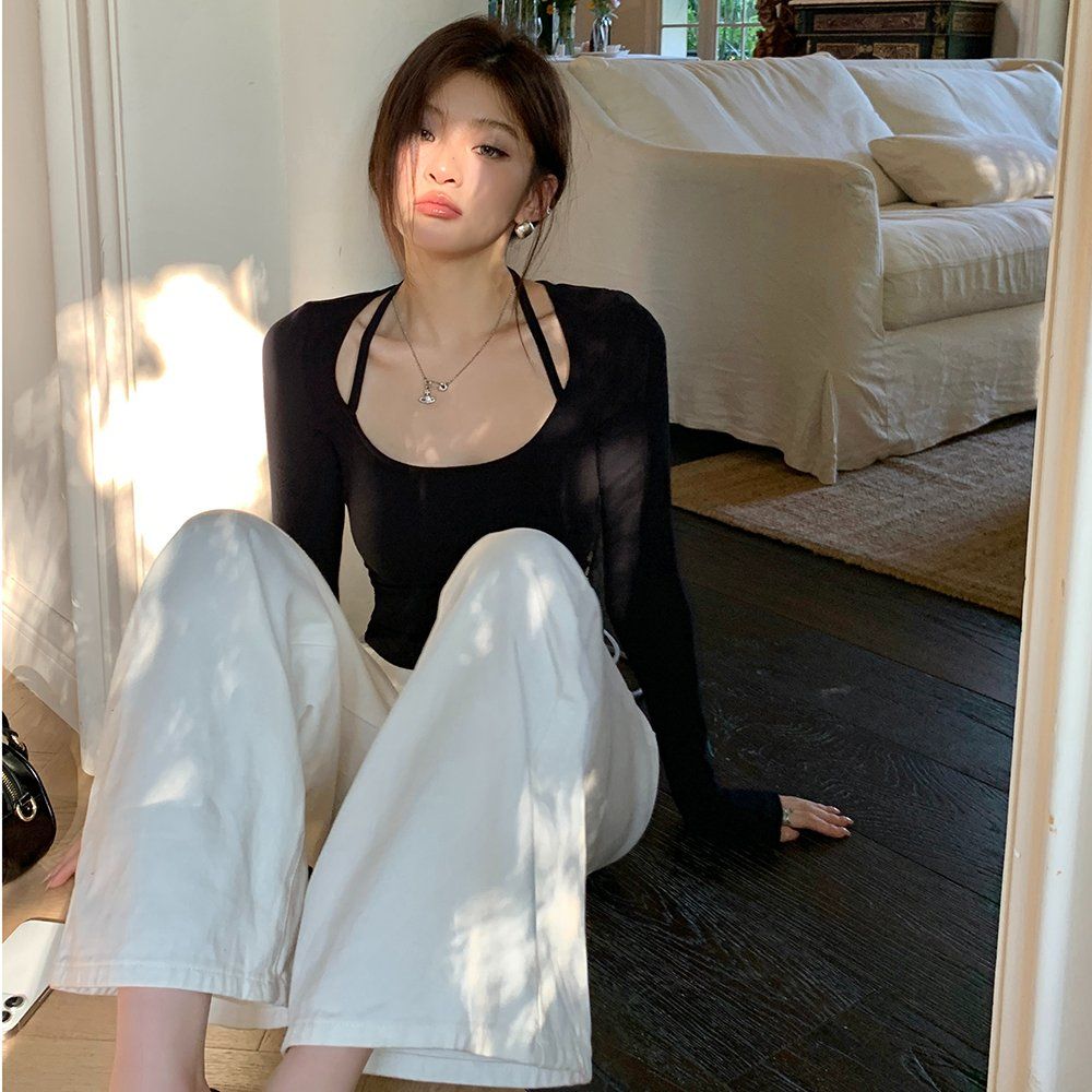 여성 백리스 홀터넥 스트랩 골지 레이스 슬림핏 크롭 긴팔 티셔츠 봄 가을 블랙 - 상세 이미지 2