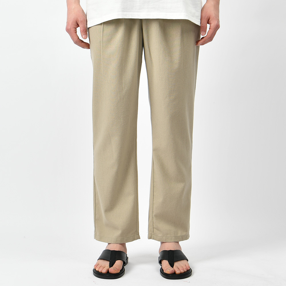 남자 여름 바지 린넨 라이크 세미와이드 투핀턱 밴딩 면 팬츠 - 상세 이미지 5