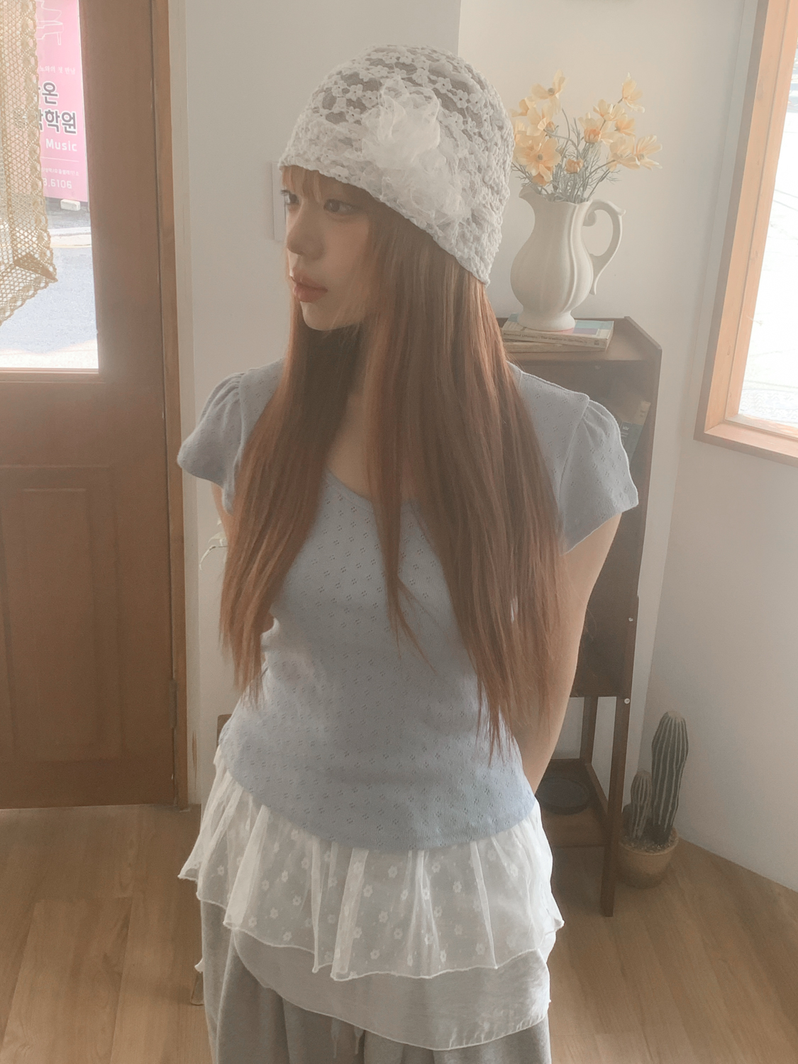 [❤당일출고❤브로치set] 화이트 로즈 시스루 레이스 비니 모자 상세 이미지 10