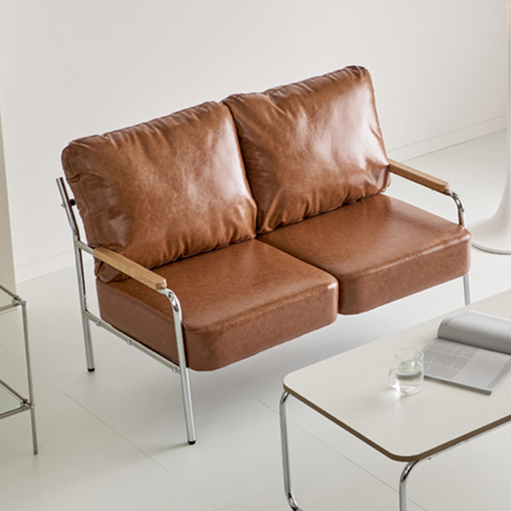 카렌소 카페쇼파 인조가죽 거실 커피숍 소파의자 빈티지 미니 업소용소파 스툴미포함, 실버 브라운, 2인용