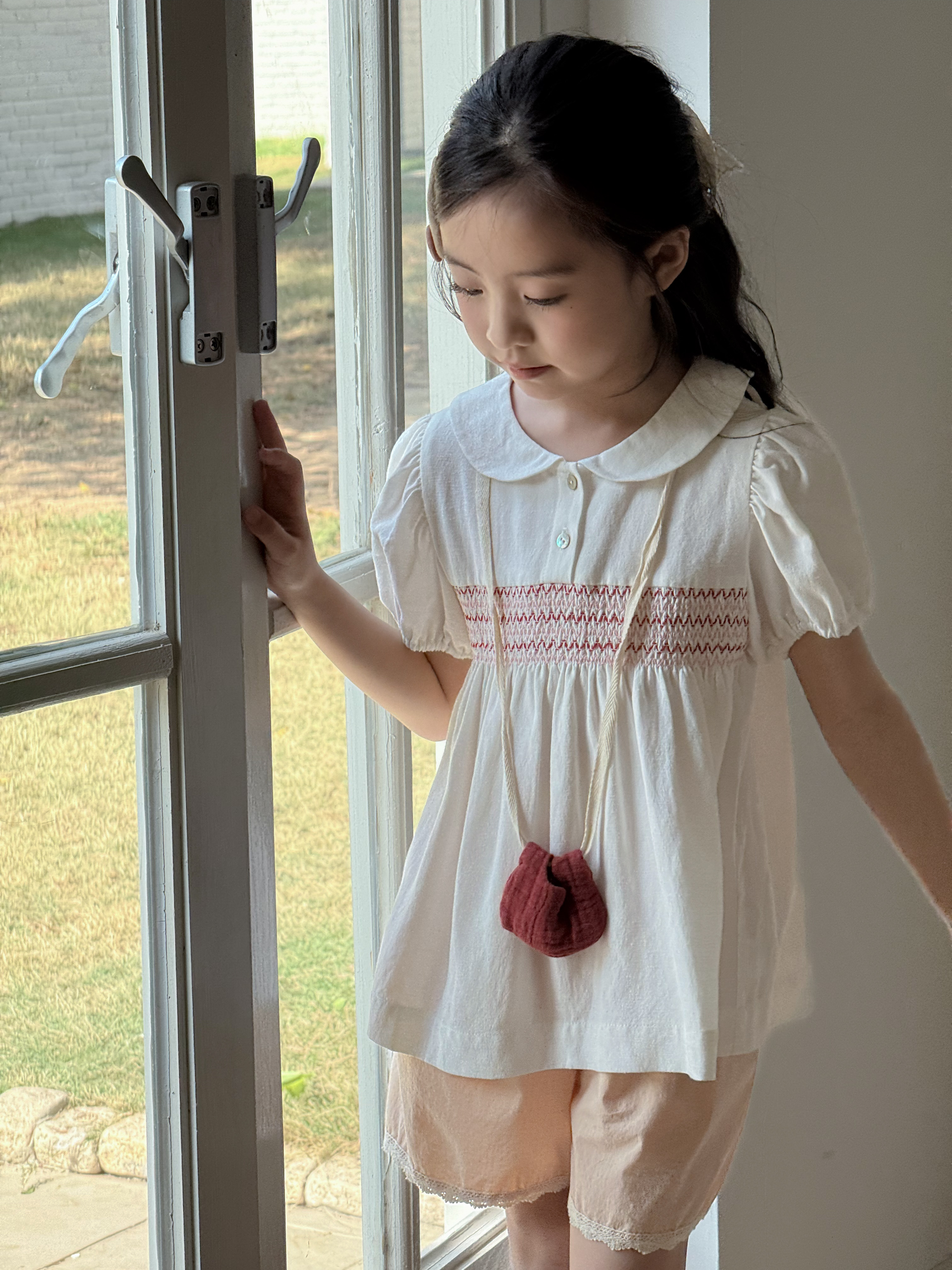 Irene's Closet 스모크 배색 A라인 퍼프소매 반팔 롱 블라우스 유아 주니어 여름 - 상세 이미지 3