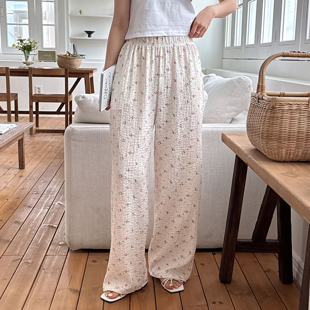 옷자락 여자 홈웨어 지지미 플라워 얇은 와이드핏 밴딩 바지 - 상품 이미지