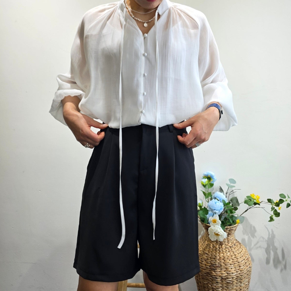 결혼식흰블라우스 벌룬 시스루 소라색 레이어드 간절기 블라우스 - 상세 이미지 4