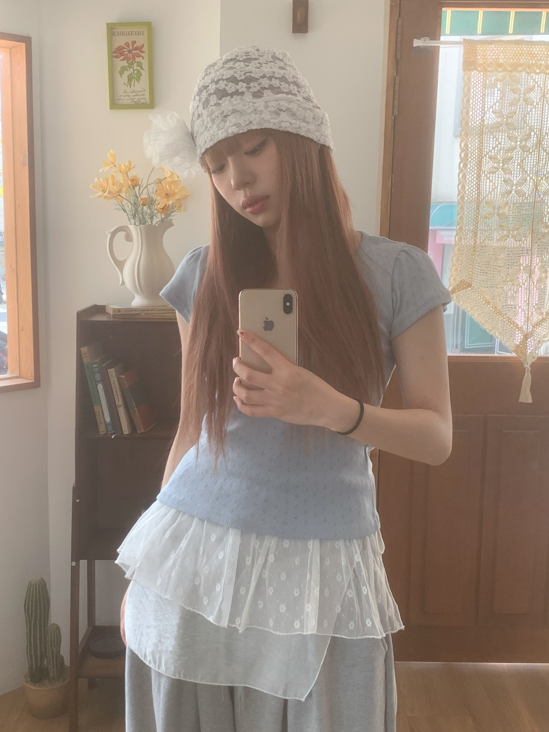 [❤당일출고❤브로치set] 화이트 로즈 시스루 레이스 비니 모자 상세 이미지 6