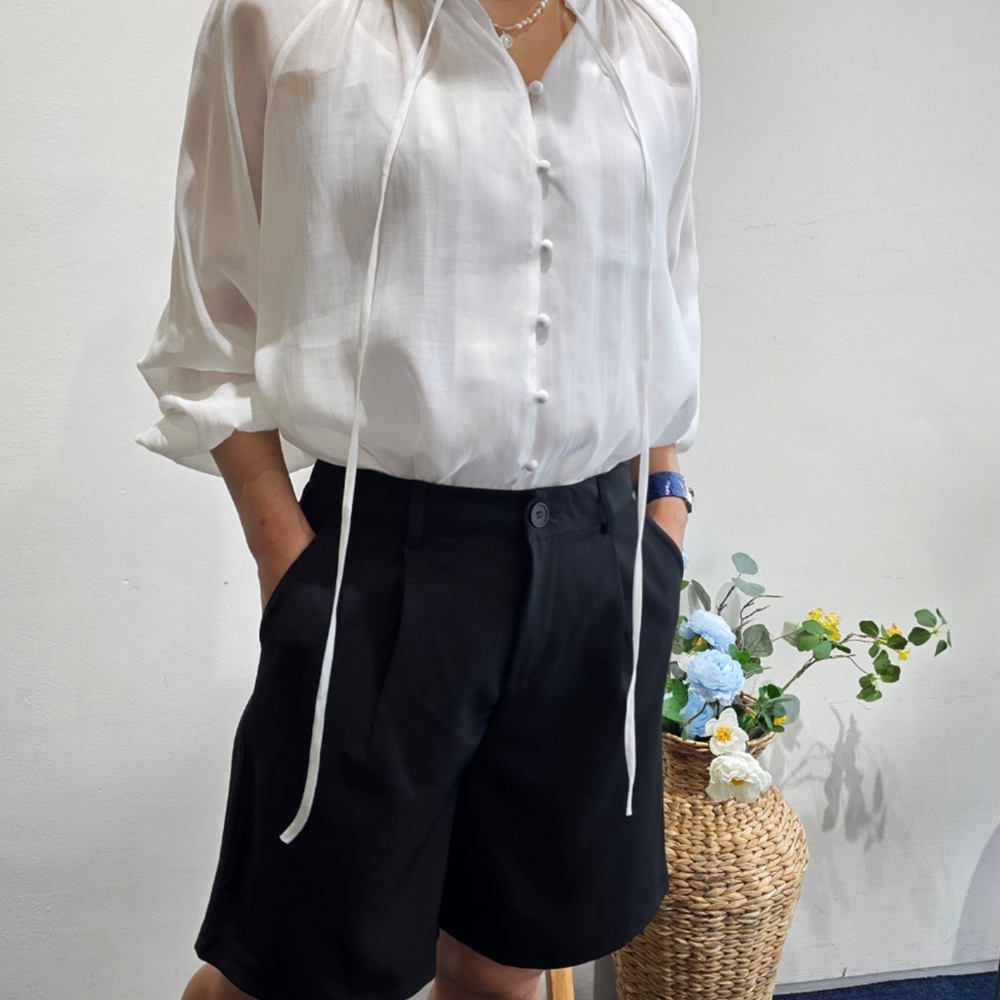 결혼식흰블라우스 벌룬 시스루 소라색 레이어드 간절기 블라우스 - 상세 이미지 5