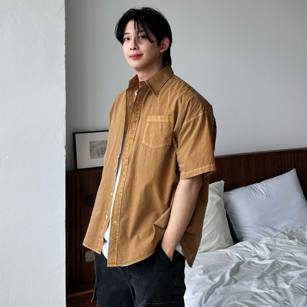 남자 틀브 오버핏 여름 40수 피그먼트 면 반팔 셔츠 남방 - 상세 이미지 3