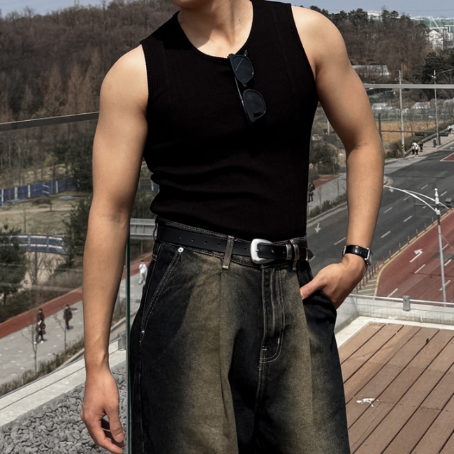 1+1 남자 브먼 머슬핏 여름 골지 스판 두줄 절개 민소매 나시티 - 상세 이미지 4