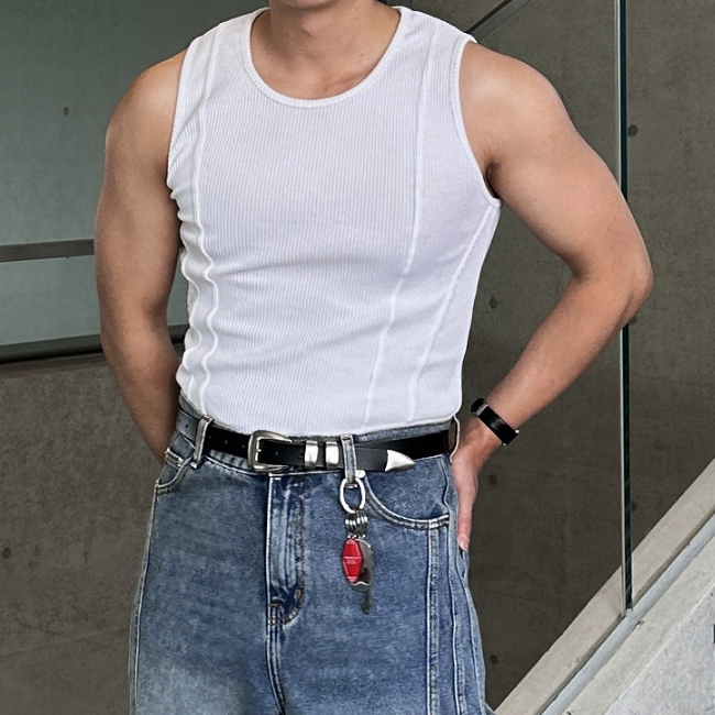 1+1 남자 브먼 머슬핏 여름 골지 스판 두줄 절개 민소매 나시티 - 상세 이미지 2