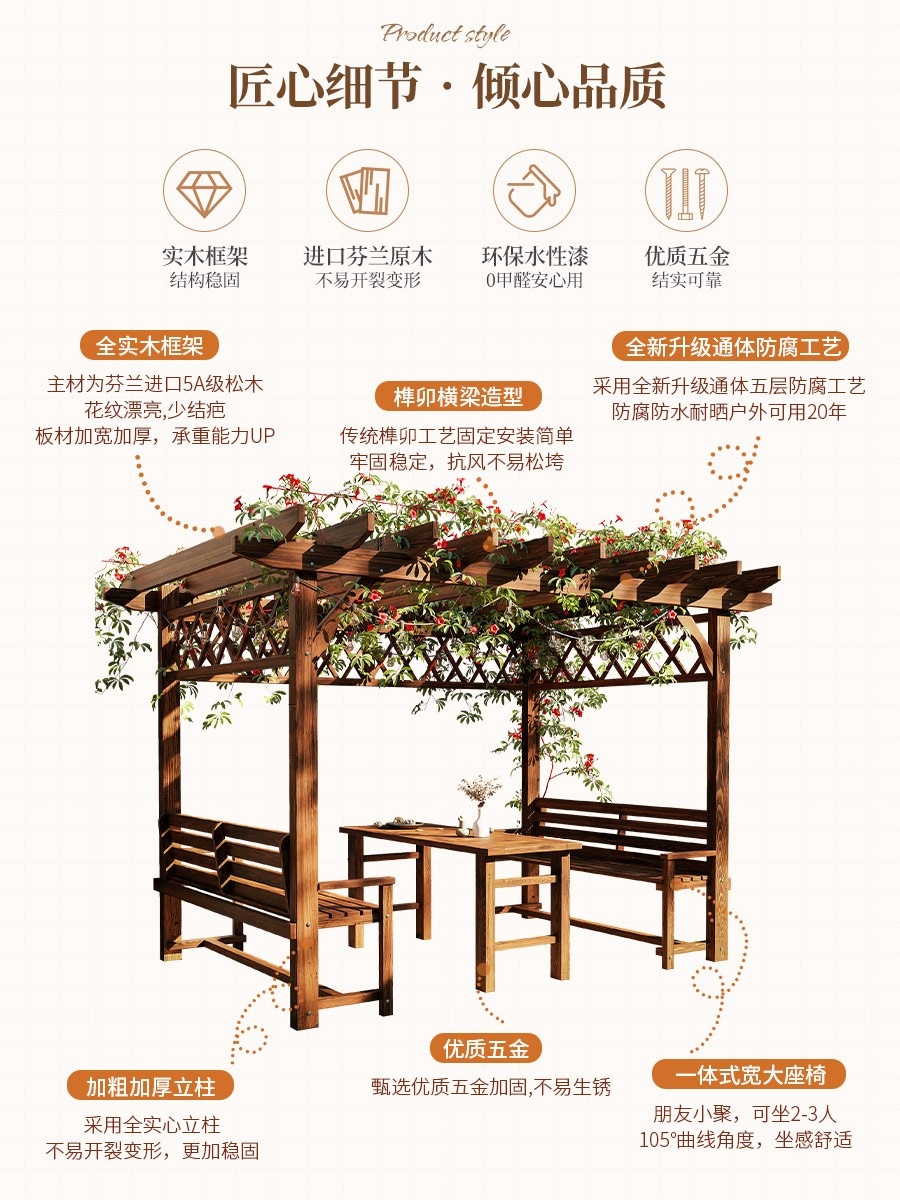 옥상 파고라 정자 원두막 팔각정 방갈로 나무 평상 조립식 3x1.7m 더블의자 탄화색상 - 상세 이미지 4