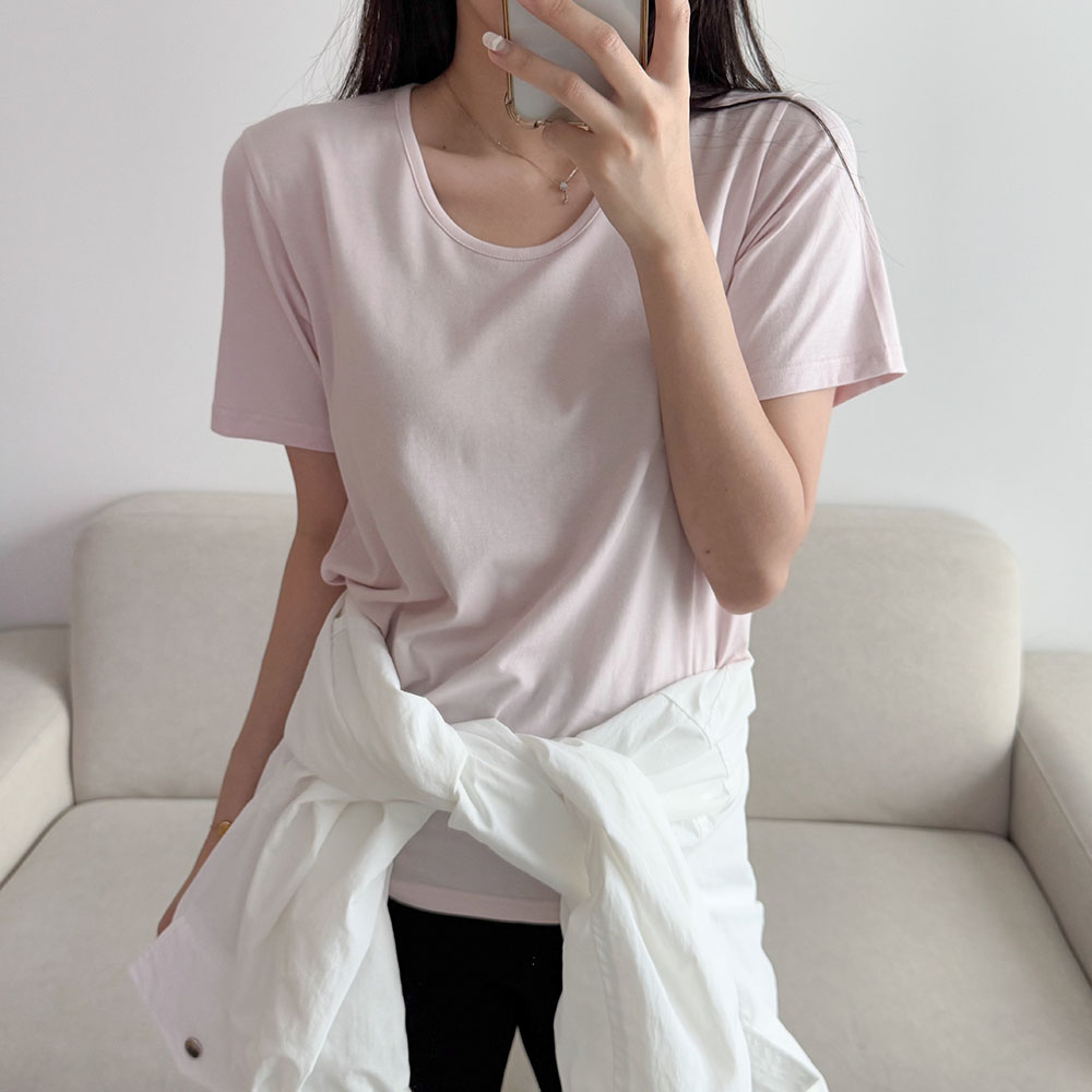 자체제작 유넥 티셔츠 브이넥 반팔티 여성 흰티 기본 모달 이너 봄 - 상세 이미지 5