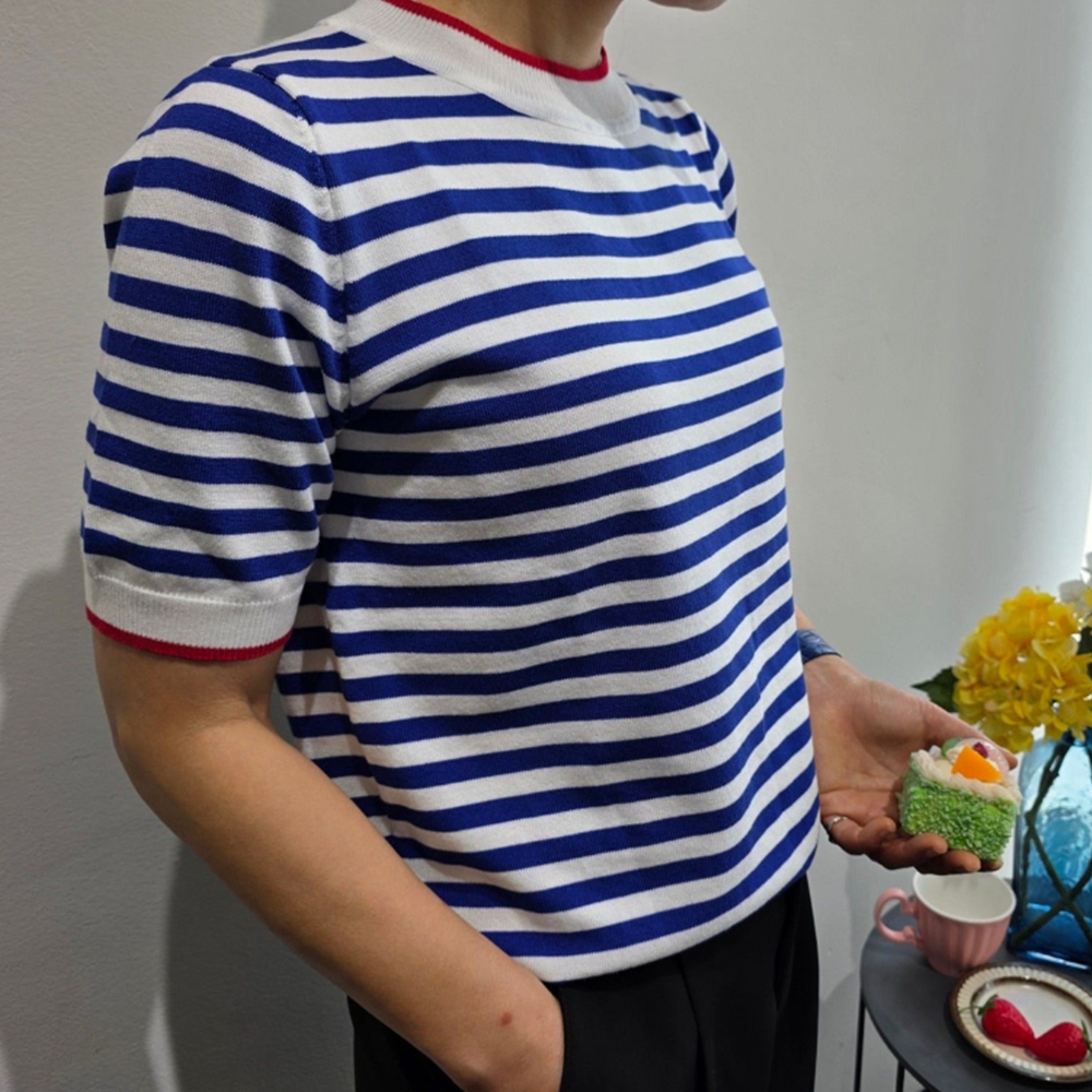 여리니트 여름 반팔 레이어드 스트라이프 여성 티 니트 - 상세 이미지 3