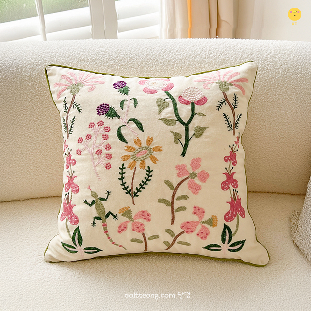 달떵 예쁜 북유럽 꽃 자수 라플로르 거실 쇼파 쿠션 커버 45 고급 자카드 패브릭인테리어