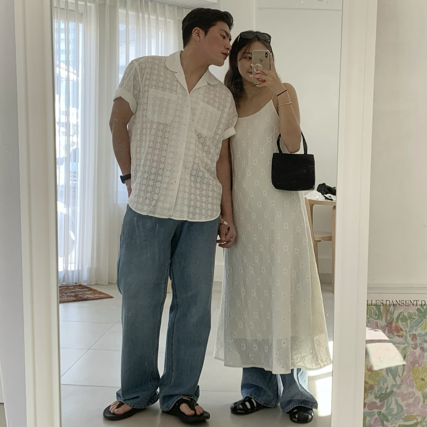 커플시밀러룩 펀칭나시원피스 와이드팬츠 n 펀칭셔츠 데님팬츠 - 메인 이미지