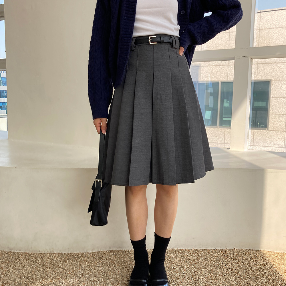 벨트 미디스커트 플리츠 주름 롱 테니스 치마 S/M/L - 상품 이미지