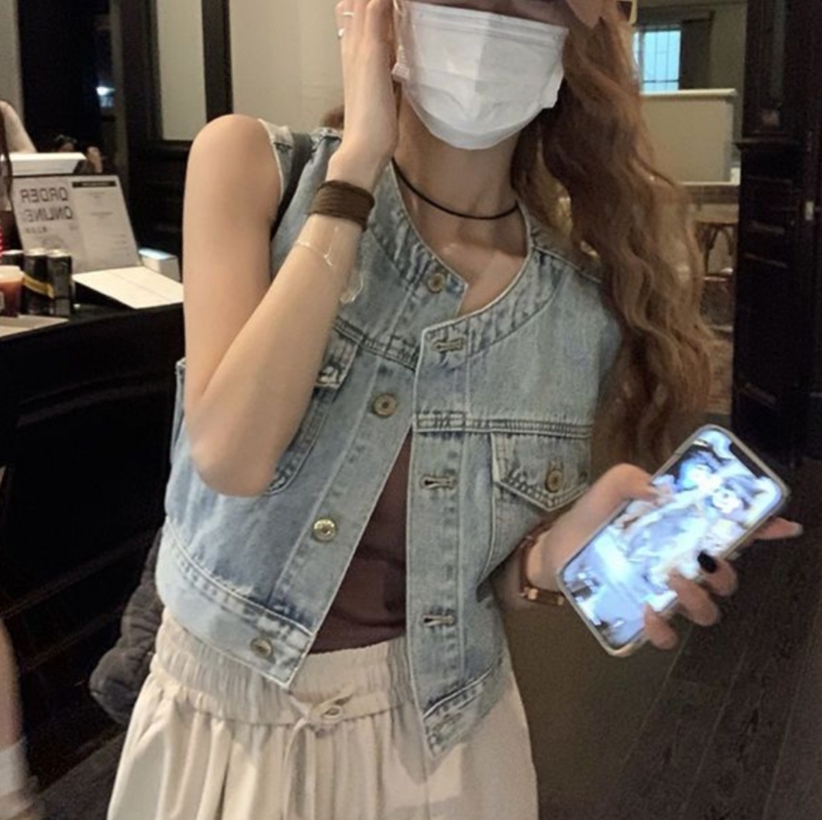 여름 조끼 노카라 데님 민소매 크롭 봄 캐주얼 빈티지 청자켓 파란색 : 이돌직구
