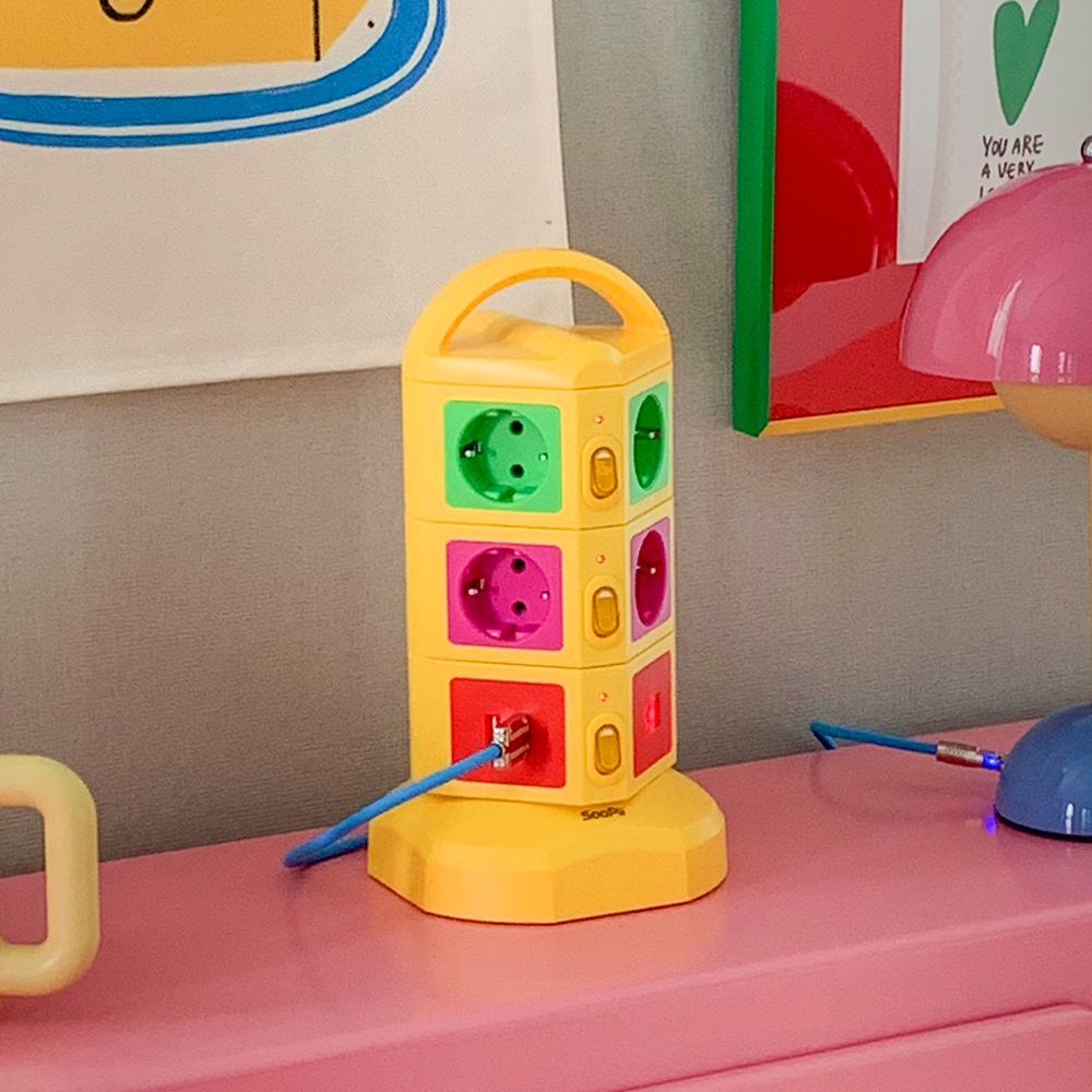 N배송 비비드 컬러 디자인 멀티탭 콘센트 고용량 큐브 타워형 집들이선물 2m, 옐로우 10구, 1개