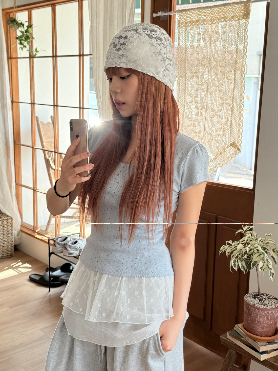 [❤당일출고❤브로치set] 화이트 로즈 시스루 레이스 비니 모자 상세 이미지 5