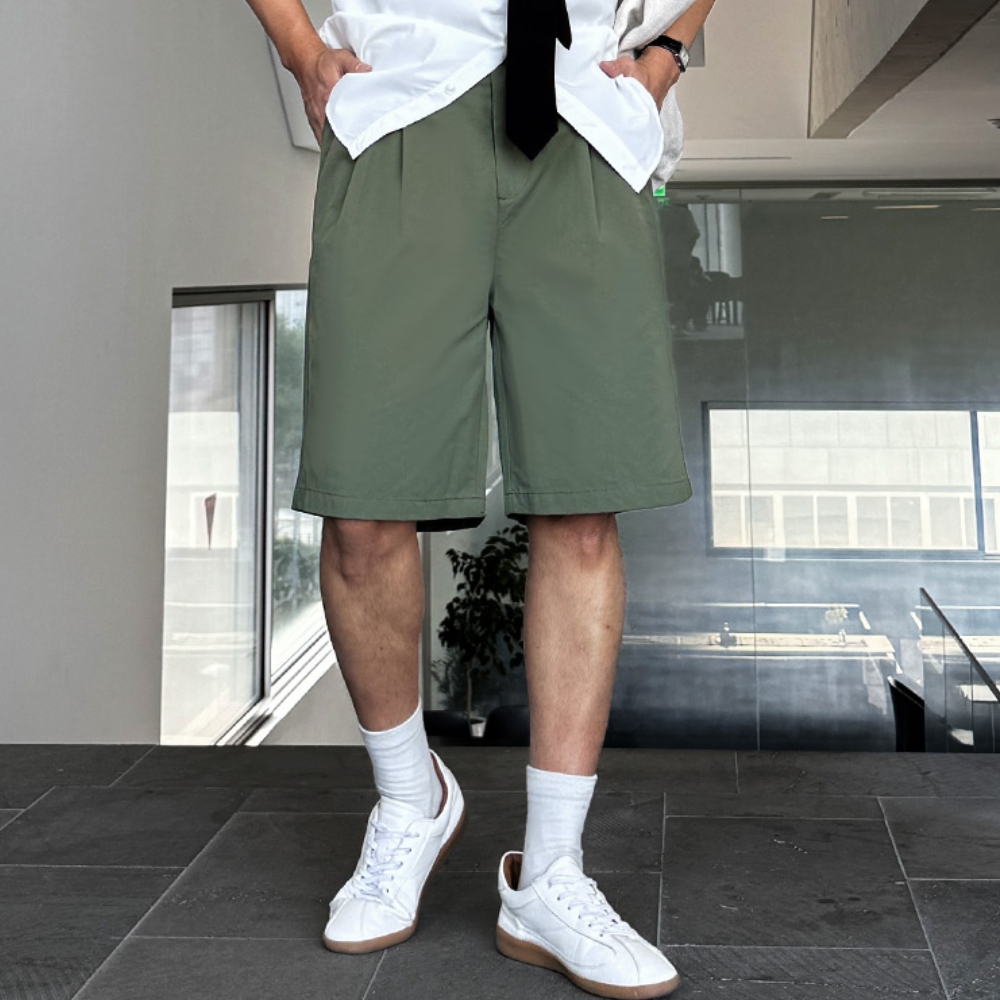 남자 랜리 여름 편한 5부 투핀턱 면 나일론 뒷밴딩 반바지