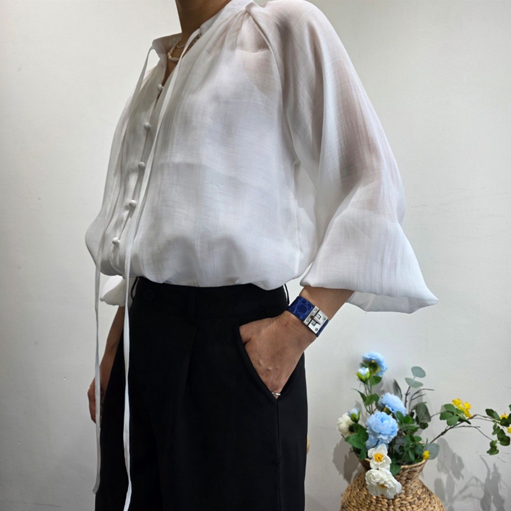 결혼식흰블라우스 벌룬 시스루 소라색 레이어드 간절기 블라우스 이미지 6