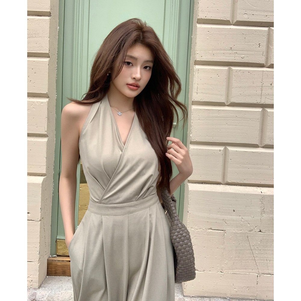 여성 브이넥 홀터 점프수트 슬리브리스 롱 와이드팬츠 머스타드 그린 S - 상세 이미지 2
