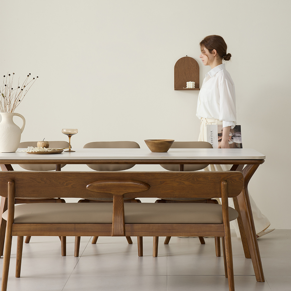 헤이븐 포세린 양면 세라믹 50R 애쉬 원목 6인용 식탁세트 1800 3인벤치1+의자3