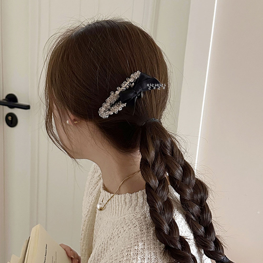 크리스탈 블랙 리본 헤어핀 똑딱핀 비즈 머리핀 옆머리 삔 - 상세 이미지 4