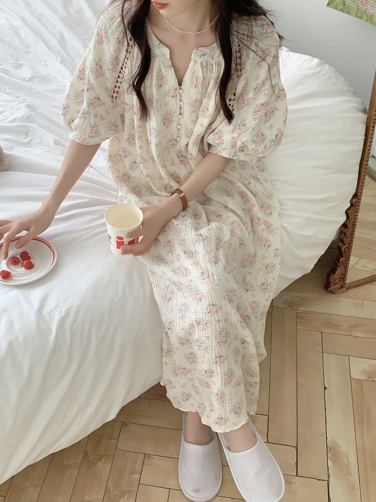 핑크꽃 빅사이즈 반팔원피스잠옷 임산부 요루면 자주 잠옷 홈웨어 여성 여름 파자마파티 이미지 6