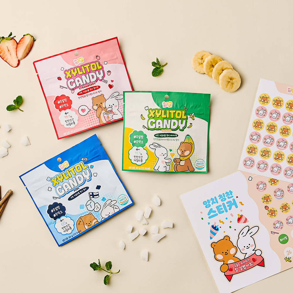 키펀 자일리톨 사탕 캔디 무설탕 혼합(퓨어/딸기/바나나), 30g, 3개