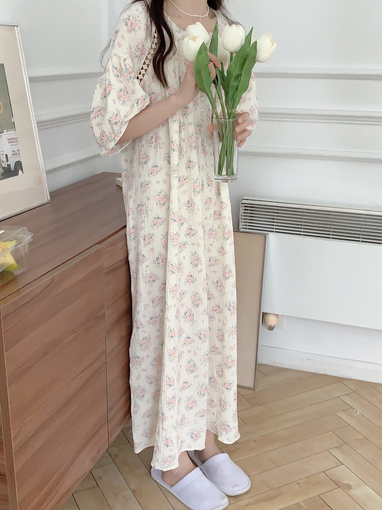 핑크꽃 빅사이즈 반팔원피스잠옷 임산부 요루면 자주 잠옷 홈웨어 여성 여름 파자마파티 이미지 7