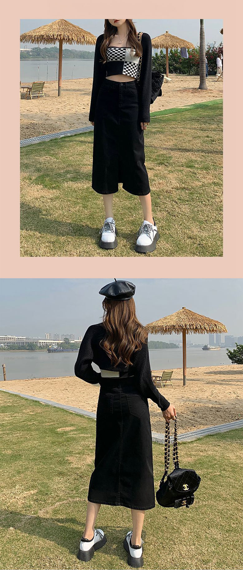 청 치마 앞트임 롱레그 라인 하이웨스트 롱 데님 스커트 블랙 흑청 연청 상세 이미지 7