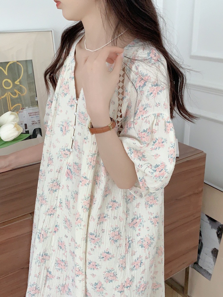 핑크꽃 빅사이즈 반팔원피스잠옷 임산부 요루면 자주 잠옷 홈웨어 여성 여름 파자마파티 이미지 8