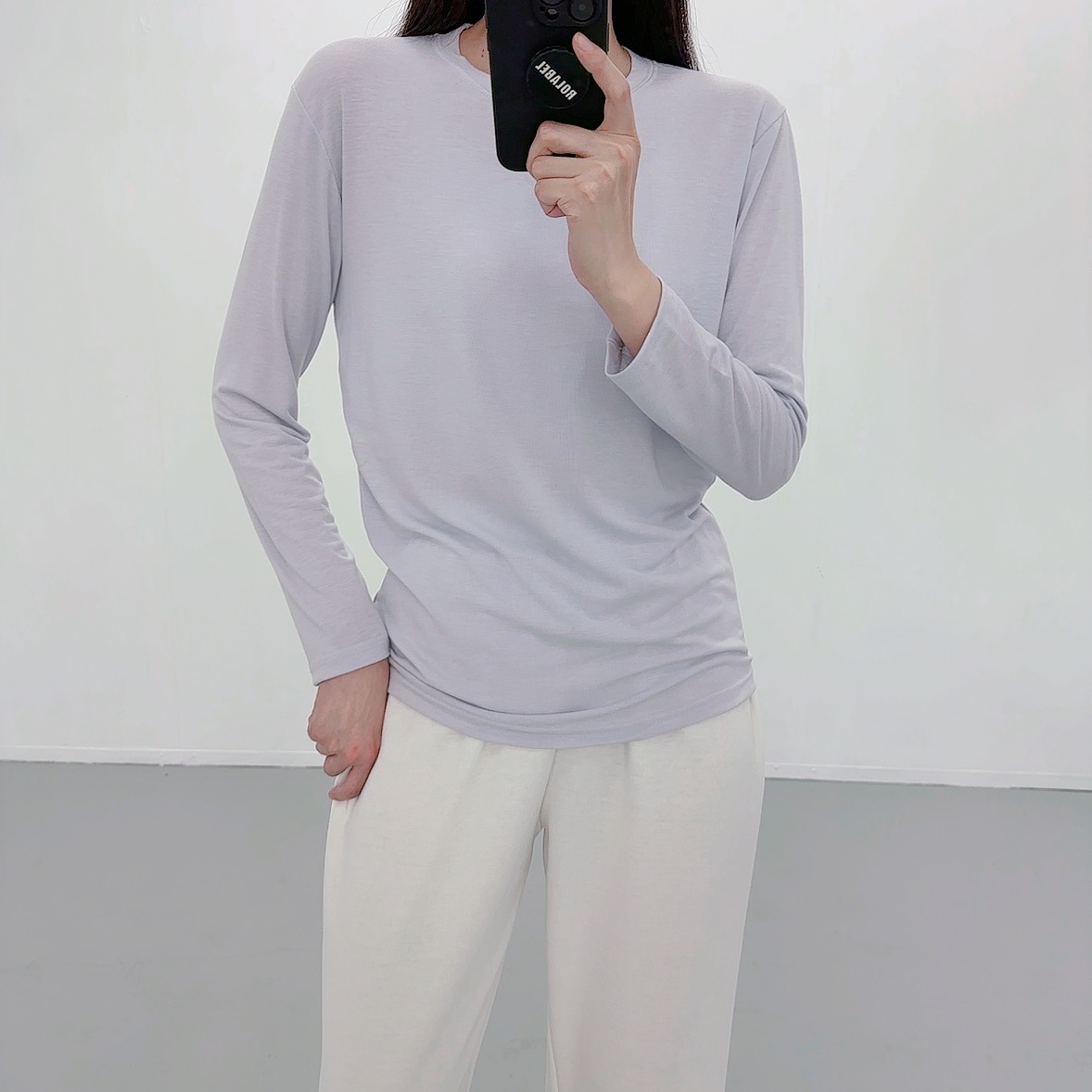 여성 긴팔티 이너 티셔츠 빅사이즈 레이어드 롱 무지 라운드넥 - 상세 이미지 4