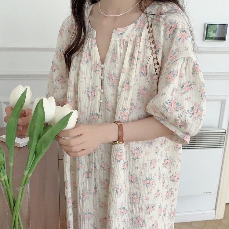 핑크꽃 빅사이즈 반팔원피스잠옷 임산부 요루면 자주 잠옷 홈웨어 여성 여름 파자마파티 - 상품 이미지